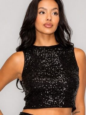 Black Sequin Sleeveless Stretch Crop Top – Party Going Out Sparkle